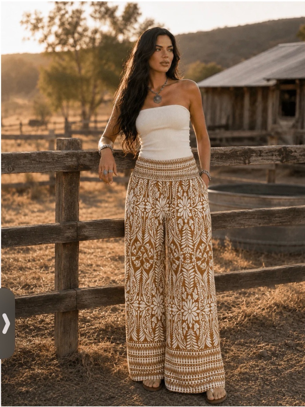 🌟B713. Boho Chic Wide Leg Print Pants in Camel & White